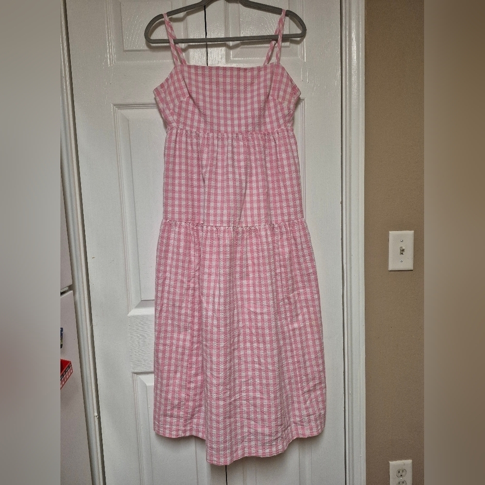 J.Crew Pink Gingham Tie back Sleeveless Midi Dress with Tiered Skirt Size 8 - Picture 3 of 5